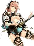  bad_id bad_pixiv_id breasts fishnet_legwear fishnets garter_straps guitar headphones highres instrument kusanagi_kikoku medium_breasts navel nitroplus open_clothes pink_hair red_eyes shorts simple_background solo super_sonico thighhighs thighs underboob 