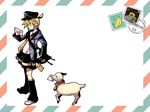  1boy bag banana bell bell_collar blonde_hair boots boy coat collar collar_bell earphones food fruit goat hat kagamine_len leg_warmers letter love_letter mailman male male_focus mame56 necktie ponytail postman roadroller sailor_collar school_uniform serafuku shirt shorts solo stamp uniform vocaloid white_shirt wryyyyyyyyyyyyyyyyyyyy 