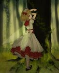  against_tree arms_up blonde_hair bobby_socks bow dress egawa_satsuki fairy_wings forest frills from_behind hair_bow hide_and_seek highres ivy looking_back mary_janes nature outdoors red_eyes shoes short_hair short_twintails socks solo sunny_milk touhou tree twintails under_tree white_legwear wings 