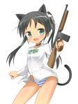  animal_ears black_hair cat_ears fang francesca_lucchini fudama green_eyes gun long_hair military military_uniform panties rifle solo strike_witches striped striped_panties submachine_gun tail thompson_submachine_gun underwear uniform weapon world_witches_series 