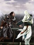  altair_ibn_la-ahad assassin's_creed:_revelations assassin's_creed_(series) beard blade cape ezio_auditore_da_firenze facial_hair gloves hood leap_of_faith male_focus multiple_boys ren_(dokyakutu) scar vambraces 