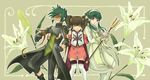  2boys anise_tatlin bekkourico black_hair bow brown_hair closed_eyes flower gloves green_eyes green_hair hair_bow hair_tubes ion lily_(flower) multiple_boys ribbon short_hair_with_long_locks sidelocks staff sync tales_of_(series) tales_of_the_abyss twintails 