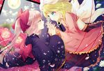  absurdres aqua_eyes blonde_hair eye_contact flower hair_ribbon highres holding_hands interlocked_fingers japanese_clothes kagamine_rin kimono long_hair looking_at_another moon multiple_girls nekomura_iroha night open_mouth petals pink_hair renta_(deja-vu) ribbon short_hair sky vocaloid yellow_eyes yuri 