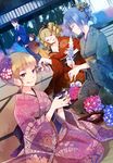  4girls :q beatrice blonde_hair blue_eyes closed_eyes cup drill_hair dutch_angle floral_print flower gaap hair_bun hair_flower hair_ornament hands_in_opposite_sleeves hanokage japanese_clothes kimono multiple_girls off_shoulder red_hair seiza short_hair silver_hair sitting tatami tongue tongue_out twin_drills twintails umineko_no_naku_koro_ni ushiromiya_ange ushiromiya_battler virgilia 