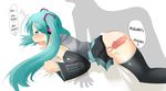  1girl aqua_eyes aqua_hair bed bent_over blush bottomless censored cross_section cum cum_in_pussy cum_inside detached_sleeves doggystyle ejaculation fang footwear from_behind hard_translated hatsune_miku internal_cumshot kotatsu_(artist) long_hair mating_press no_panties open_mouth orgasm penis pussy sex skirt skirt_lift socks solo tears thighhighs top-down_bottom-up translated twintails uniform vaginal vocaloid vocaloid2 x-ray 