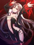  arched_back arms_up bangs black_choker black_dress black_jacket breasts brown_hair choker cleavage collarbone commentary_request consort_yu_(fate) dress eyebrows_visible_through_hair fate/grand_order fate_(series) fur-trimmed_jacket fur_trim hair_between_eyes head_tilt highres jacket long_hair long_sleeves looking_at_viewer medium_breasts navel open_clothes open_jacket parted_lips red_eyes ririko_(zhuoyandesailaer) sleeves_past_wrists solo strapless strapless_dress very_long_hair wide_sleeves 