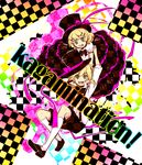  1boy 1girl 7:24 7:24_(inukaiyou) blonde_hair bonus_stage_(vocaloid) boy boy_and_girl checkered female footwear girl green_eyes hat kagamine_len kagamine_rin kneehighs male open_mouth ribbon short_hair shorts skirt smile socks suspenders vocaloid white_legwear white_socks 