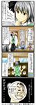  4koma alternate_skirt black_hairband black_skirt blue_hat brown_eyes cherry_blossoms comic cup green_shirt grey_hair hairband hat highres jpeg_artifacts kaibara_yuzan konpaku_youmu multiple_girls oishinbo partially_translated pink_hair plate saigyouji_yuyuko shirt short_hair skirt television tenko_(gintenko) touhou translated translation_request triangular_headpiece white_shirt window 