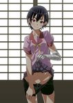  1girl androgynous bakemonogatari bandage bandaged_hand bandages bike_shorts bike_shorts_pull decensored female highres kanbaru_suruga monogatari_(series) presenting pussy pussy_juice pussy_juice_trail short_hair skirt skirt_lift smile solo tomboy uncensored yada_ei 