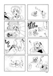  4koma animal_ears biting blush_stickers bunny_ears bunny_tail cat_ears cat_tail chibi comic crossed_arms dog_ears dog_tail doujinshi ex-keine greyscale hairband hat headbutt highres horn_ribbon horns hoshino_souichirou izayoi_sakuya kamishirasawa_keine kemonomimi_mode konpaku_youmu long_hair mattress monochrome multiple_4koma multiple_girls myon_(phrase) necktie o_o panties reisen_udongein_inaba ribbon striped striped_panties tail tail_wagging touhou underwear 