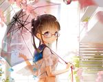  anmi breasts brown_hair flowers glasses original petals pink_eyes see_through umbrella wet 