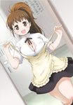  apron bad_id bad_pixiv_id blush breasts brown_eyes brown_hair bursting_breasts cleavage cleavage_cutout dutch_angle large_breasts long_hair no_bra open_mouth ponytail poponpin popped_button ribbon skirt smile solo strap_pull taneshima_popura undressing waitress working!! 