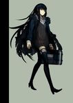  black_hair black_legwear brown_eyes coat highres jewelry kiwamu long_hair original ring simple_background solo suitcase thighhighs very_long_hair walking zettai_ryouiki 