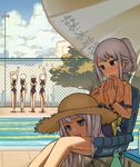  5girls blue_eyes bodysuit bottle breast_hold breasts chain-link_fence chair cosplay costume dachaku fence hat kigurumi long_hair mask multiple_girls open_mouth original outdoors pool silver_hair sitting skinsuit smile straw_hat stretch sweat swimsuit tongue umbrella water zentai 