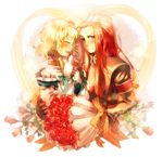  1girl asch bad_id bad_pixiv_id blonde_hair bouquet closed_eyes couple crow00 flower gloves green_eyes hairband hetero long_hair natalia_luzu_kimlasca_lanvaldear open_mouth red_flower red_hair red_rose rose short_hair surcoat tales_of_(series) tales_of_the_abyss 
