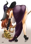  ass bare_shoulders bent_over breasts brown_eyes brown_hair curvy detached_sleeves dragon's_crown dress from_behind get9 hanging_breasts hat highres large_breasts legs long_hair looking_back side_slit skull solo sorceress_(dragon's_crown) staff strapless strapless_dress witch_hat 