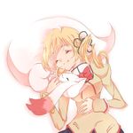  :3 blonde_hair bow closed_eyes drill_hair hair_ornament hand_on_own_stomach happy izusetsu kyubey lying mahou_shoujo_madoka_magica nuzzle on_back school_uniform simple_background skirt sleeping smile tail tail_pillow tomoe_mami twin_drills twintails 