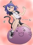  animal_ears ball blue_hair blush cat_ears cat_tail exercise_ball kemonomimi_mode red_eyes shidou_misaki shin_(4869shin4062) shoes sneakers softenni solo sportswear tail 