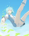  anko_(w-anco) aqua_hair boots cloud eureka eureka_seven eureka_seven_(series) falling hands legs_up open_mouth outstretched_arm outstretched_hand purple_eyes short_hair sky solo thigh_strap white_footwear 