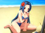  bad_id bad_pixiv_id barefoot beach bikini blue_hair breasts can cleavage cygnus_(cygnus7) day flower food hair_flower hair_ornament hibiscus idolmaster idolmaster_(classic) large_breasts miura_azusa mouth_hold navel outdoors popsicle red_eyes revision side-tie_bikini sitting soda_can solo swimsuit water 