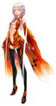  absurdres boots breasts cleavage fingerless_gloves gloves guilty_crown highres long_hair long_legs navel orange_eyes pink_hair redjuice simple_background small_breasts solo thigh_boots thighhighs twintails white_hair yuzuriha_inori 