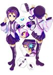  armband character_sheet footprints gradient_eyes hat headphones highres multicolored multicolored_eyes necktie outstretched_arm purple_hair purple_legwear purple_neckwear reaching ribbon short_hair simple_background skirt tanema thighhighs utane_uta utau 