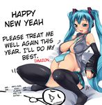  akeome aqua_eyes aqua_hair areola areolae between_breasts black_legwear black_socks blush breasts feet hard_translated hatsune_miku imazon navel necktie new_year open_clothes open_shirt pregnant shirt skirt socks squat squatting thighhighs tongue translated twintails vocaloid 