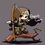  aiming arrow black_eyes bow_(weapon) braid chan_co chibi cloak dragon's_crown drawing_bow elf_(dragon's_crown) full_body gloves holding holding_arrow holding_bow_(weapon) holding_weapon hood kneeling leaf left-handed log long_hair outstretched_arm pointy_ears quiver simple_background solo thighhighs twin_braids weapon white_hair 