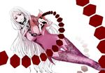  albino bodysuit chain deadman_wonderland dutch_angle hachimitusplinter hexagon long_hair outstretched_hand pink_bodysuit red_eyes shiro_(deadman_wonderland) smile solo thigh_gap white_hair 