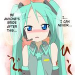  bare_shoulders blue_eyes blush confession cosplay detached_sleeves green_hair hard_translated hatsune_miku hatsune_miku_(cosplay) headphones headset hiiragi_kagami long_hair lowres lucky_star microphone necktie ruined_for_marriage sad solo tears translated tsurime twintails vocaloid yuri yuubi 