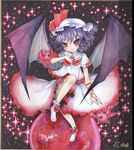  arm_ribbon bat bat_wings bowed_wings dress full_moon hat large_wings lips marker_(medium) moon mosho nail_polish purple_hair red_eyes red_moon remilia_scarlet ribbon shikishi short_hair signature sitting sitting_on_object skirt skirt_set slit_pupils smirk solo star touhou traditional_media tsurime watercolor_(medium) wings 