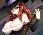  areola_slip areolae bare_shoulders breasts brown_eyes brown_hair detached_sleeves dragon's_crown hat large_breasts long_hair open_mouth solo sorceress_(dragon's_crown) staff upper_body witch_hat zaxwu 