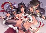  armor bare_shoulders blue_eyes breasts cleavage commentary echidna hakama headband japanese_clothes large_breasts lips long_hair maeda_hiroyuki miko multiple_girls pointy_ears queen's_blade red_hakama revealing_clothes snake sweat sword thighhighs tomoe weapon 