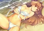  absurdres akatsuki_shion areolae beach bikini breast_hold breasts brown_hair cleavage crossed_arms d-eve_in_you day dengeki_hime front-tie_top gokokukyou hair_intakes hair_ribbon highres huge_filesize large_breasts long_hair looking_at_viewer lying navel on_back orange_eyes outdoors ribbon sand side-tie_bikini solo swimsuit untied water white_bikini 