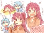  blue_eyes blue_hair blush brushing_teeth fang jitome long_hair mahou_shoujo_madoka_magica miki_sayaka multiple_girls pajamas red_eyes red_hair sakura_kyouko toothbrush translated zawameki 