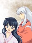  animal_ears couple higurashi_kagome inuyasha inuyasha_(character) japanese_clothes miko silver_hair tennen_shiori 