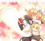  1boy 1girl arm_warmers b belly blonde_hair blouse blush bow boy boy_and_girl english female fringe girl hachimitsu_(s127032) hair_bow hair_ornament hairpin heart incipient_hug incoming_hug kagamine_len kagamine_rin male navel necktie no_sleeves ponytail sailor_collar school_uniform serafuku shirt short_hair short_shorts short_sleeves shorts sleeveless sleeveless_blouse text treble_clef valentine vocaloid white_shirt yamaha 