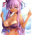  bare_shoulders bikini breasts cleavage double_bun food ice_cream jitome large_breasts long_hair patchouli_knowledge purple_eyes purple_hair ram_hachimin solo strap_pull swimsuit tan tanline touhou upper_body 