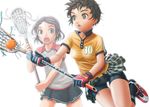  athletic ball bike_shorts bra_strap brown_eyes brown_hair gloves hair_ornament hairclip lacrosse multiple_girls open_mouth original popped_collar shirt short_hair simple_background socks sport sportswear t-shirt thighs tomboy upskirt v-mag very_short_hair white_background 