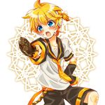  arm_warmers banana bass_clef blonde_hair blue_eyes blush boy chocolate_banana food fruit hand_on_hip hand_on_waist headphones headset kagamine_len male male_focus necktie open_mouth pointing ponytail sailor_collar shirt short_sleeves shorts solo sweatdrop vocaloid white_shirt yoku yoku__ 