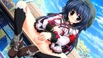  black_hair blue_eyes censored game_cg hat kamikaze_explorer long_hair masturbation oshiki_hitoshi pussy pussy_juice seifuku usami_saori 