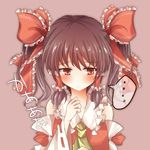  1girl alternate_hairstyle arm_up ascot bad_id bad_pixiv_id blush bow brown_hair detached_sleeves dress hair_bow hair_tubes hakurei_reimu looking_away pasutel red_eyes shy solo touhou twintails upper_body 