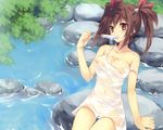  anii brown_hair cleavage dress ice_cream nipples original red_eyes see_through summer_dress wet 