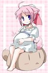  ahoge animal_ears barefoot dog_days dog_ears dog_girl dog_tail double_bun kugelschreiber millhiore_f_biscotti pink_hair pregnant purple_eyes smile solo tail 