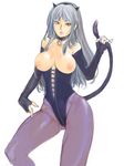  areolae breasts corset fingerless_gloves gloves horns kazaana large_breasts legs nipples original pantyhose pinky_out silver_hair solo tail thighs 