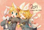  1boy 1girl 2011 animal animal_ears aqua_eyes back_hug blonde_hair bow boy boy_and_girl bunny_ears button_eyes english eyes_closed female girl hair_bow hair_ornament hairpin heart highres hug hug_from_behind incoming_hug kagamine_len kagamine_rin male necktie open_mouth polka-dot polka-dot_background polka_dot polka_dot_background rabbit_ears shirozatou short_hair skirt stuffed_animal stuffed_bunny stuffed_rabbit stuffed_toy text vocaloid 