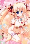  absurdres blonde_hair blue_eyes breasts candy cookie copyright_request food fruit highres jewelry large_breasts leg_garter lollipop long_hair mikeou naked_ribbon necklace ribbon solo source_request strawberry twintails 