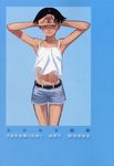  armpits arms_up black_hair camisole closed_eyes copyright_request highres midriff navel non-web_source scan short_hair shorts solo takamichi 
