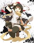  :d ascot black_hair black_legwear brush dress_shirt giant_brush hat hirasaka_ine looking_at_viewer open_mouth paint_splatter salute scarf shameimaru_aya shirt short_hair skirt smile solo thighhighs tokin_hat touhou wings yellow_eyes zettai_ryouiki 