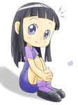  bangs black_hair blue_eyes child dress female full_body highres koizumi_marina ojamajo_doremi sitting solo white_background 